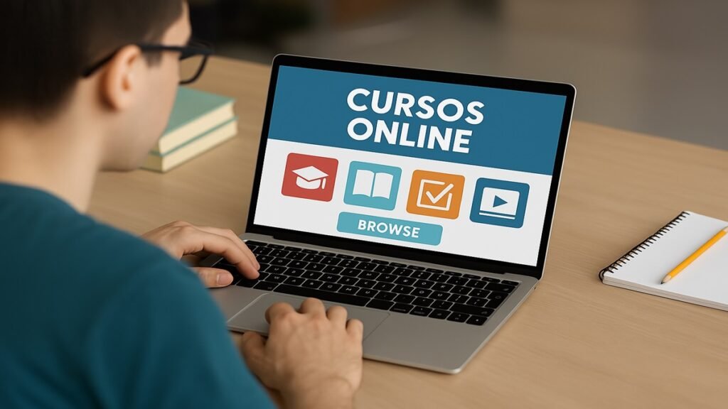 Interface de cursos online exibida em notebook com materiais de estudo ao lado