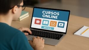 Interface de cursos online exibida em notebook com materiais de estudo ao lado