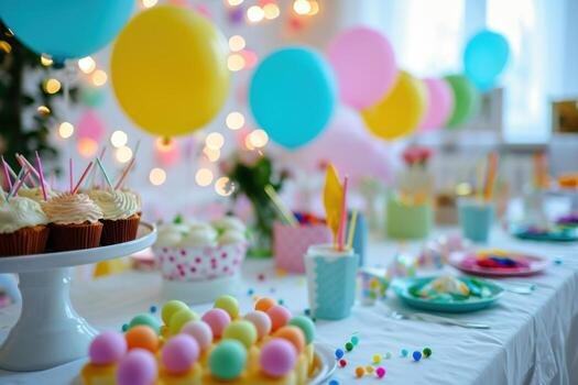 36799969 ai gerado aniversario festa decoracao em a mesa gratis foto