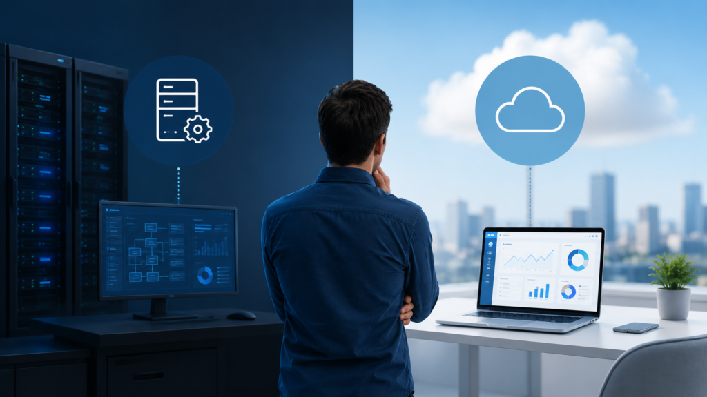 Empresário analisando duas soluções de tecnologia para empresas, comparando um sistema sob demanda com uma plataforma SaaS em um ambiente corporativo moderno, representando a escolha entre infraestrutura personalizada e software em nuvem.