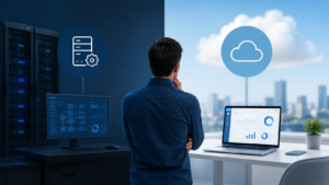 Empresário analisando duas soluções de tecnologia para empresas, comparando um sistema sob demanda com uma plataforma SaaS em um ambiente corporativo moderno, representando a escolha entre infraestrutura personalizada e software em nuvem.
